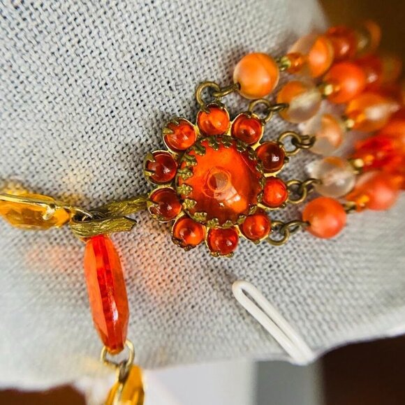 Mid-Century West German Gablonz Glass Beaded Triple Strand Necklace Floral Clasp - Picture 6 of 10